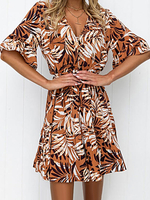 Robe Eté Imprimé Courte Femme à Col Décolleté en V avec Manches Mi-longues Volante Coupe Cintrée Bas Evasée Bicolores Robe de Patineuse Sexy