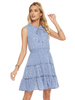 Robe Eté Imprimé Courte Femme à Col Rond à Lacets avec Bretelles Coupe Cintrée Bas Evasée Bicolores Robe de Patineuse Sexy