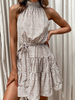 Robe Eté Imprimé Femme à Col Montant Coupe Cintrée à Lacets Bas Evasée Bicolores Robe de Patineuse Robe Eté