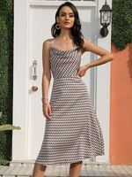 Robe Eté Imprimé Femme Mi-longue avec Bretelles à Col V Coupe Cintrée Bicolores