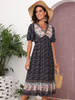 Robe Eté Imprimé Femme Mi-longue avec Manches Courtes à Col V Coupe Cintrée Bas Evasée