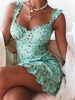Robe Eté Imprimé Fleurie Courte en Mousseline avec Bretelles à Col Décolleté en V Coupe Cintrée Bas Volant Bicolores