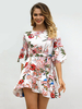 Robe Eté Imprimé Fleurie Courte Femme à Col Rond avec Manche Courte Coupe Cintrée à Lacets Bas Evasée Bicolores Robe de Patineuse Sexy