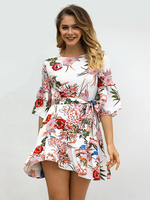 Robe Eté Imprimé Fleurie Courte Femme à Col Rond avec Manche Courte Coupe Cintrée à Lacets Bas Evasée Bicolores Robe de Patineuse Sexy