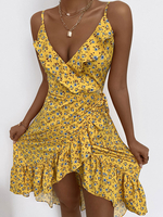 Robe Eté Imprimé Fleurie en Mousselines avec Bretelles à Col Décolleté en V Coupe Cintrée Bas Evasée Robe de Patineuse Bicolores