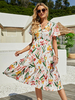 Robe Eté Imprimé Fleurie Mi-longue Femme avec Manches Courtes à Col V Bas Evasée