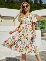Robe Eté Imprimé Fleurie Mi-longue Femme avec Manches Courtes à Col V Bas Evasée