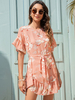 Robe Eté Imprimé Florale Courte en Mousseline à Col Rond avec Manches Courtes Coupe Cintrée à Lacets Bas Evasée Bicolores Robe Sexy