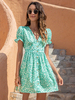 Robe Eté Imprimé Florale Courte en Mousseline à Col Rond avec Manches Courtes Coupe Cintrée avec Boutons Bas Evasée Bicolores Robe Sexy Robe Patineuse Robe de Plage