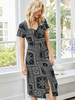Robe Eté Imprimé Longue avec Manches Courtes à Col V Coupe Cintrée avec Fente Bicolores Robe de Patineuse