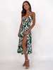 Robe Eté Imprimé Longue Femme avec Bretelles à Col Décolleté avec Fente Robe Maxi