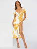 Robe Eté Imprimé Mi-longue avec Manches Courtes Amples Coupe Cintrée avec Fente Bicolores Robe Sexy