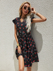 Robe Eté Imprimé Mi-longue Femme à Col Revers avec Manches Courtes Volantes Coupe Cintrée Bas Evasée Bicolores Robe de Plage Robe Maxi