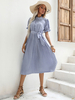 Robe Eté Imprimé Mi-longue Femme avec Manches Courtes Amples à Col Montant Coupe Cintrée à Lacets Bicolores Robe de Patineuse