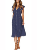Robe Eté Imprimé Pois avec Manches Courtes Volantes à Col V Coupe Cintrée avec Boutons Bas Evasée Bicolores Robe de Plage