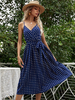 Robe Eté Imprimé Pois Longue avec Bretelles à Col V Coupe Cintrée à Lacets Bas Evasée Bicolores Robe de Patineuse