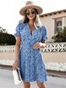 Robe Eté Imprimés Courte Femme Sexy à Col Décolleté en V avec Manches Courtes Amples Coupe Cintrée Bas Evasée Bicolores
