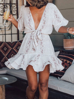 Robe Eté Imprimés Courte Femme Sexy à Col V avec Manches Courtes Volantes Coupe Cintrée Bas Evasée Unicolore Robe Eté Sexy Robe Blanche