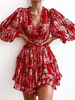 Robe Eté Imprimés Courte Femme Sexy à Col V avec Manches Longues Amples Coupe Cintrée Bas Evasée Bicolores Robe Eté Sexy