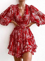 Robe Eté Imprimés Courte Femme Sexy à Col V avec Manches Longues Amples Coupe Cintrée Bas Evasée Bicolores Robe Eté Sexy