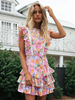Robe Eté Imprimés Florales Courte Femme à Col Rond avec Manches Courtes Volantes Coupe Cintrée Bas Evasée avec Dos Nu Multicolores Robe Sexy