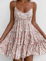 Robe Eté Imprimés Florales Décontractés Courtes Femme avec Bretelles à Col V Bicolores Robe Eté Sexy Robe Patineuse