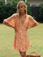 Robe Eté Imprimés Florales en Mousselines à Col V avec Manche Courtes Volantes Coupe Cintrée Bas Evasée Bicolores Robe de Patineuse