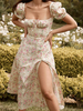Robe Eté Imprimés Florales Longues Femme à Col Carré à Lacets avec Manches Courtes Amples Coupe Cintrée avec Fente Bicolores Robe Sexy