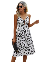 Robe Eté Imprimés Pois avec Bretelles à Col V Coupe Cintrée Bas Evasée Bicolores Robe de Plage Sexy