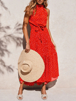 Robe Eté Imprimés Pois Longue en Mousselines Femme à Col Rond sans Manches Coupe Cintrée à Lacets Bas Evasée Bicolores Robe Eté Sexy
