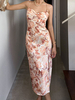 Robe Eté Longue en Satin Imprimé avec Bretelles à Col Décolleté en V Coupe Cintrée avec Fente Bicolores Robe Eté Sexy