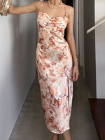 Robe Eté Longue en Satin Imprimé avec Bretelles à Col Décolleté en V Coupe Cintrée avec Fente Bicolores Robe Eté Sexy