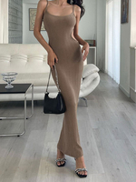 Robe Eté Longue Femme avec Bretelles à Col Décolleté Coupe Cintrée Unicolore