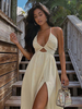 Robe Eté Longue Femme avec Bretelles à Col Décolleté en V Coupe Cintrée avec Fente Unicolore