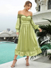 Robe Eté Longue Femme avec Manches Longues avec Epaule Dénudée Coupe Cintrée Bas Evasée Unicolore
