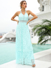 Robe Eté Longue Femme en Dentelle avec Bretelles à Col V Coupe Cintrée Bas Evasée Unicolore