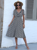 Robe Eté Longue Femme Imprimé à Col V avec Manches Courtes Coupe Cintrée Bas Evasée