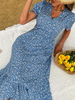 Robe Eté Longue Femme Imprimé à Col V avec Manches Courtes Coupe Cintrée Bicolores
