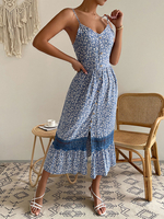 Robe Eté Longue Femme Imprimé avec Bretelles à Col V Coupe Cintrée