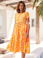 Robe Eté Longue Femme Imprimé avec Manches Courtes à Col Rond Bas Evasée