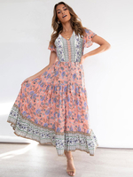 Robe Eté Longue Femme Imprimé Fleurie avec Manches Courtes Volantes Coupe Cintrée Bas Evasée