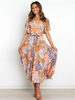 Robe Eté Longue Imprimé à Col V avec Manches Courtes Coupe Cintrée à Lacets Bas Evasée