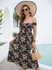 Robe Eté Longue Imprimé avec Bretelles avec Epaule Dénudée Coupe Cintrée Bas Evasée Robe Maxi