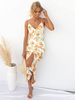 Robe Eté Longue Imprimé Femme avec Bretelles à Col Décolleé en V Coupe Cintrée avec Fente Robe Sexy