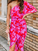 Robe Eté Longue Imprimé Florale avec Manches Mi-longue avec Epaule Dénudé Coupe Cintrée avec Fente Robe Sexy Robe de Plage