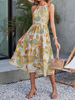 Robe Eté Longue Imprimés à Col Rond avec Epaule Dénudée Coupe Cintrée Bas Evasée Robe Maxi