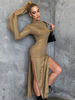 Robe Eté Longue Sexy Femme Moulante à Col Montant avec Manches Longues Coupe Cintrée avec Fente Unicolore Robe Eté Sexy