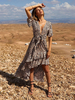 Robe Eté Mi-longue avec Traîne Femme Imprimés à Col Décolleté en V avec Manches Courtes Volantes Coupe Cintrée à Lacets Bas Evasée Bicolores Sexy