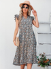 Robe Eté Mi-longue Femme à Col V avec Manches Courtes Volantes Coupe Cintrée
