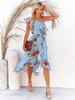 Robe Eté Mi-longue Femme avec Bretelle avec Volantes Coupe Cintrée à Lacets Bas Evasée